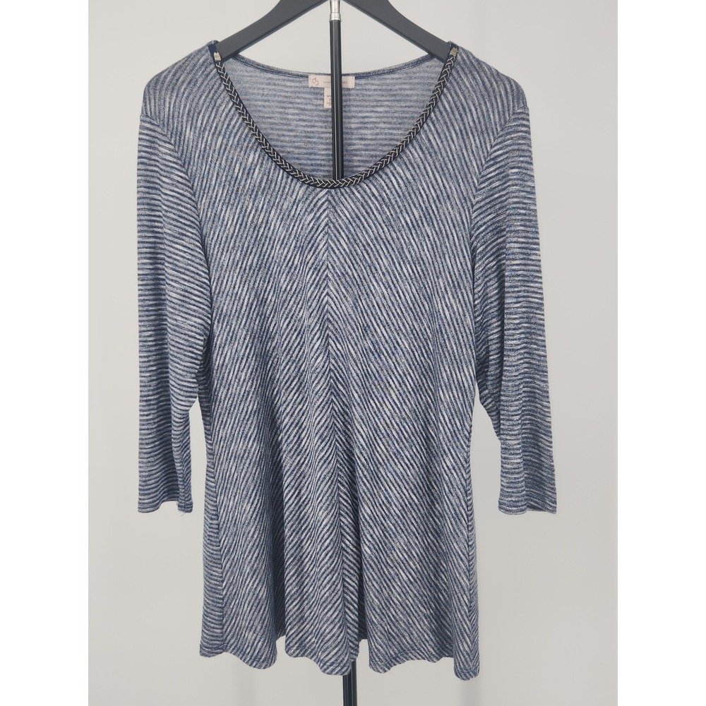 Christopher & Banks Blue Space Dye Knit Top 3/4 Sleeve Metallic Trim 1X Woman